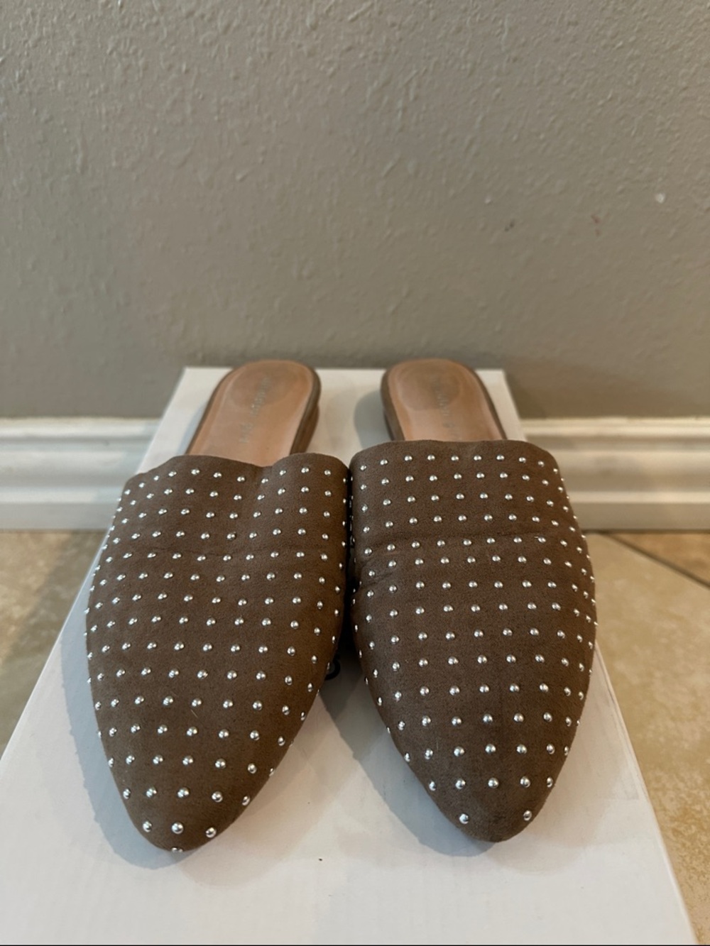 Madden Girl brown studded slip-on mules